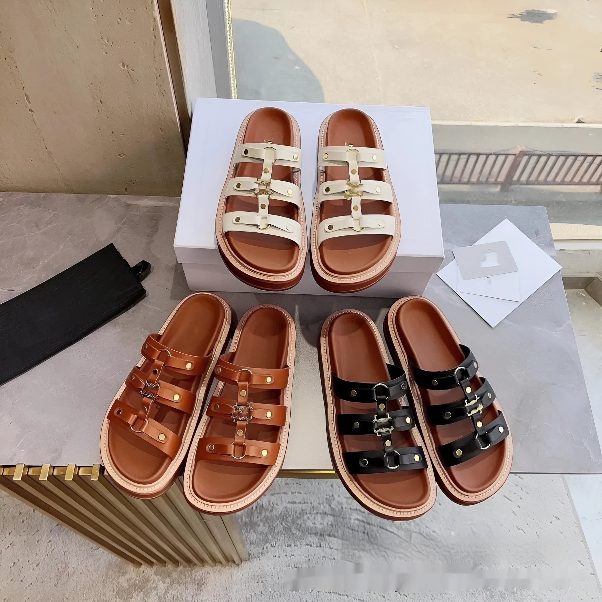 Women's white retro Roman sandal slippers made from sheepskin with a patent leather finish