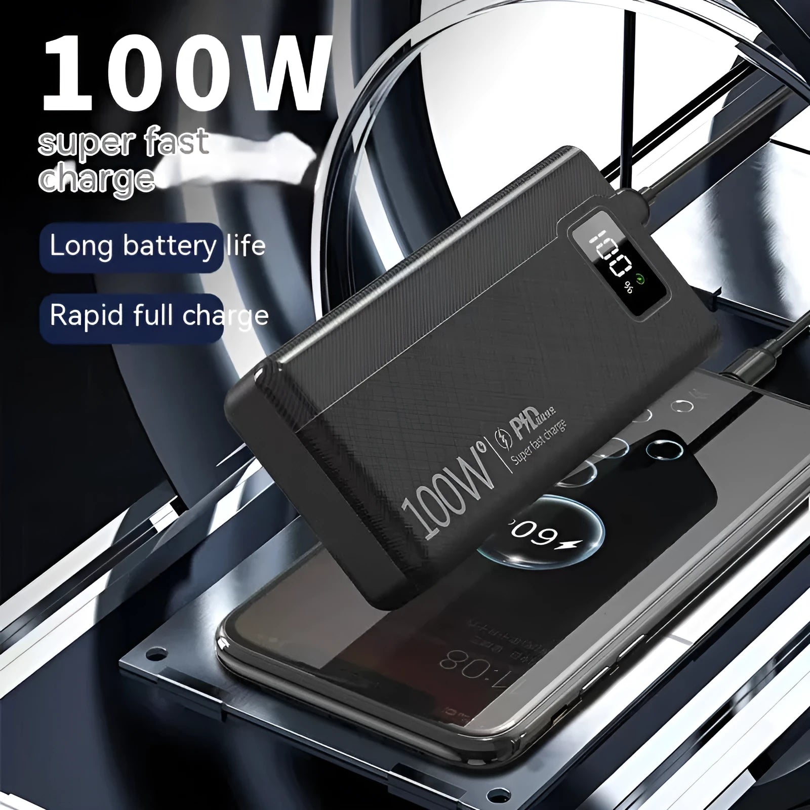 Large capacity black or white plastic power bank with fast charging support.