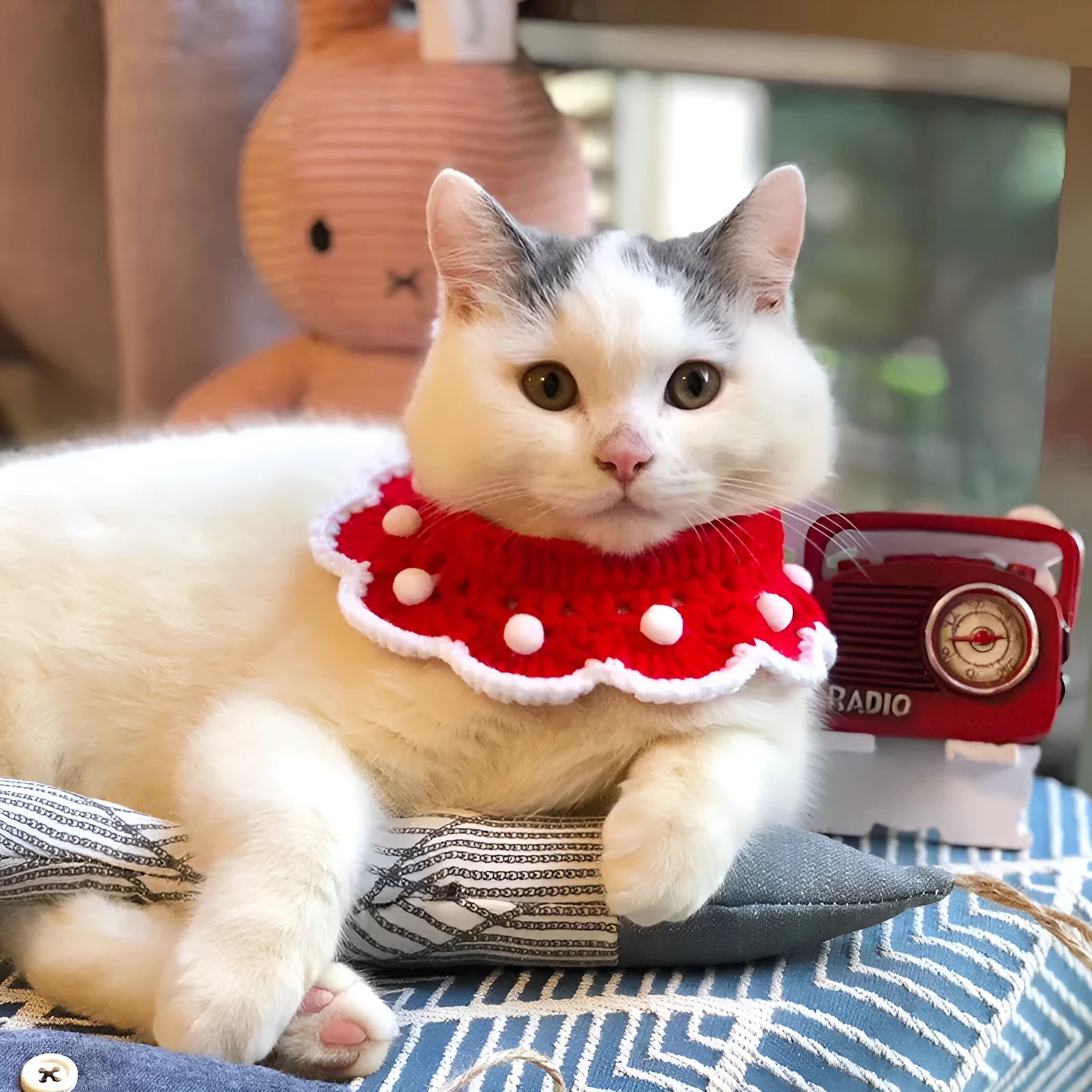 Handmade milk cotton knitted pet collar with cartoon pattern, shown in customisable sizes for small animals.