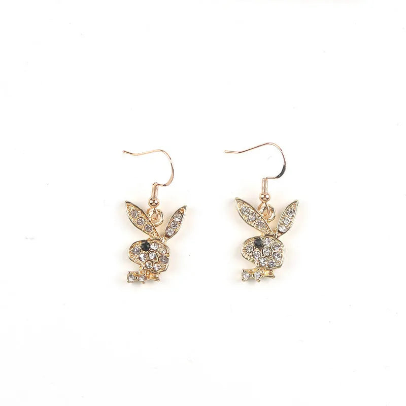 Rabbit stud earrings with diamond-cut pattern in gold, pink or silver alloy