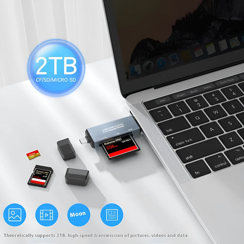 Compact aluminium alloy CF, SD, and TF three-in-one memory card reader with USB and TYPE-C cables.