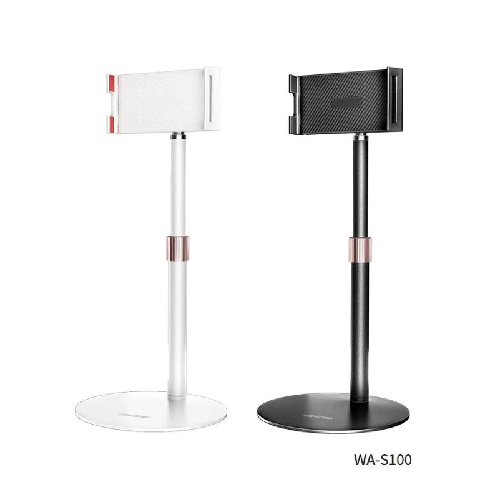 Black adjustable tablet bracket extended to show 200mm telescopic range with tablet mounting capability