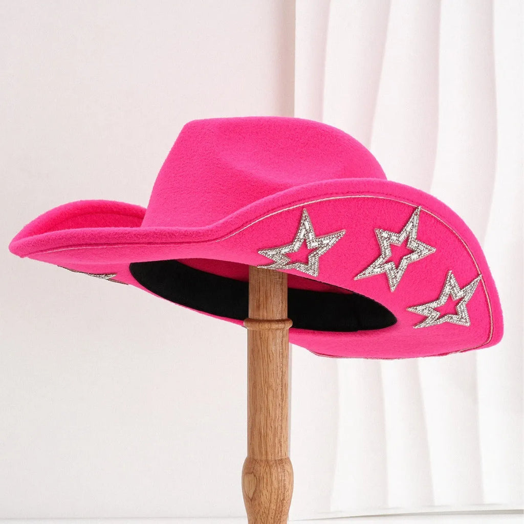 Polyester woolen felt western denim top hat with conical crown and hexagonal star decoration in size M