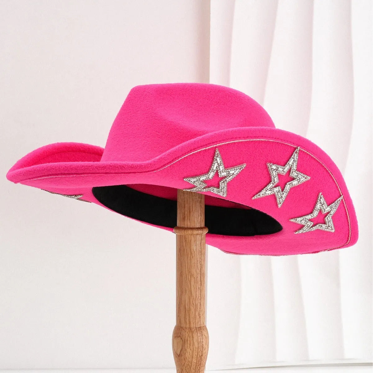 Polyester woolen felt western denim top hat with conical crown and hexagonal star decoration in size M