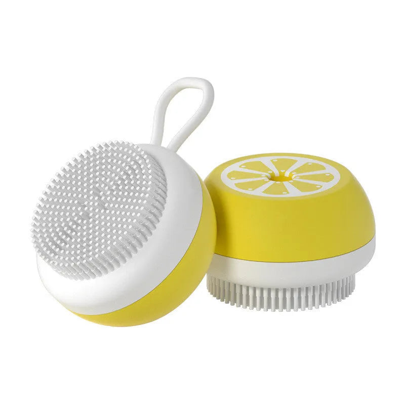 Pet grooming brush with 2-in-1 design showing massage head and comb teeth in soft silicone construction