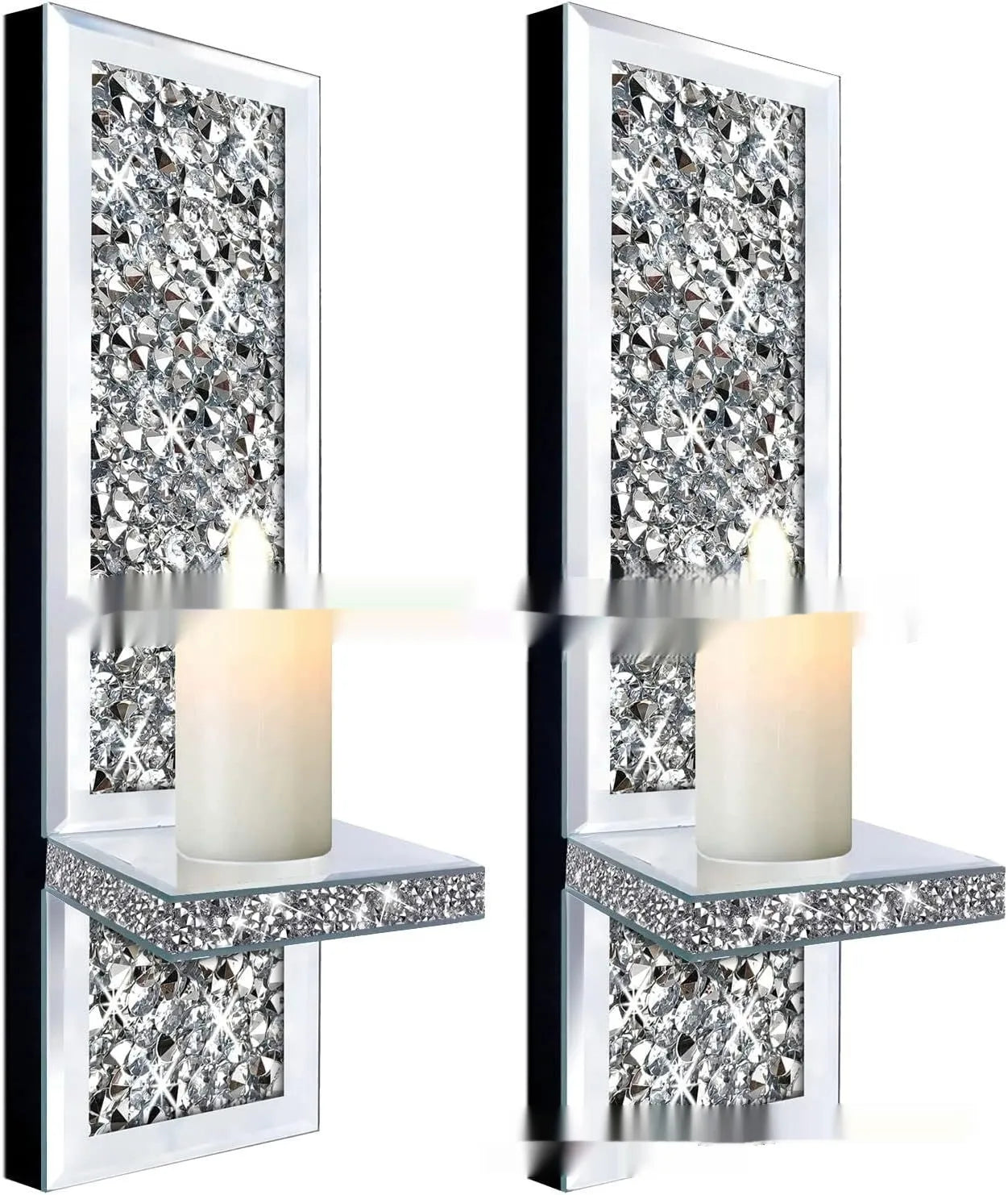 Pair of silver mirror glass wall hanging candle holders measuring 10x11x38 cm