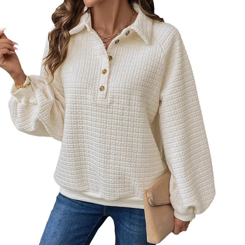 Women's milky white beige polo collar pullover sweater made of thickened polyester fabric