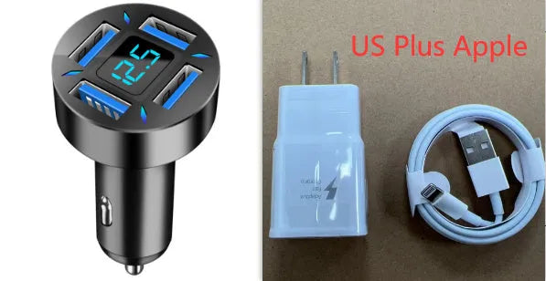 Four-port USB car charger with digital voltage display showing output reading