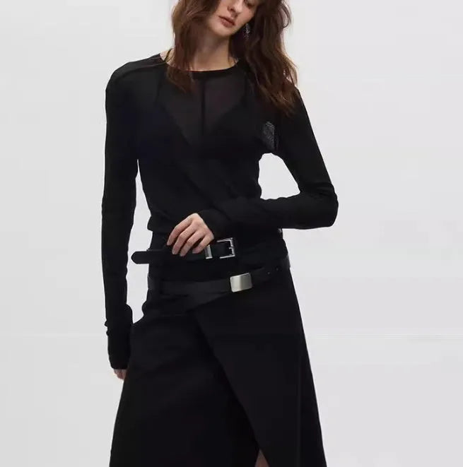 Black mesh texture slim-fit women's pullover with long sleeves