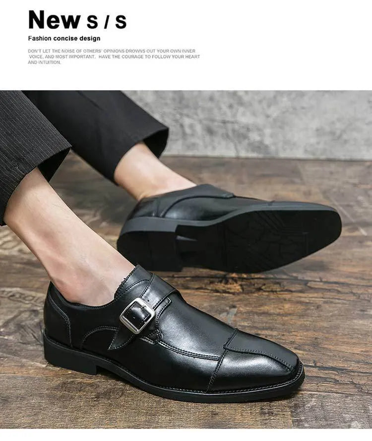 Men's brown blue and black retro buckle casual leather shoes with tall crown