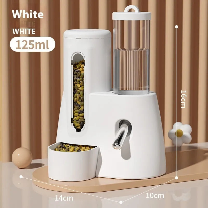 White, blue, and pink hamster automatic drinking water feeder with food basin for small pets