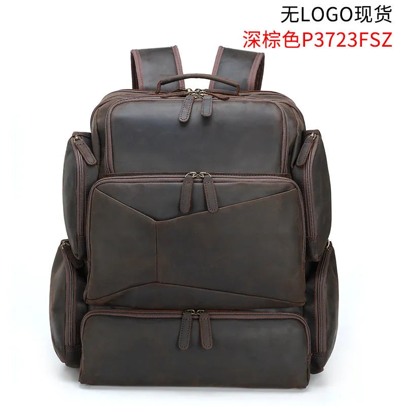 Dark brown leather backpack with 17-inch computer compartment and organisational pockets