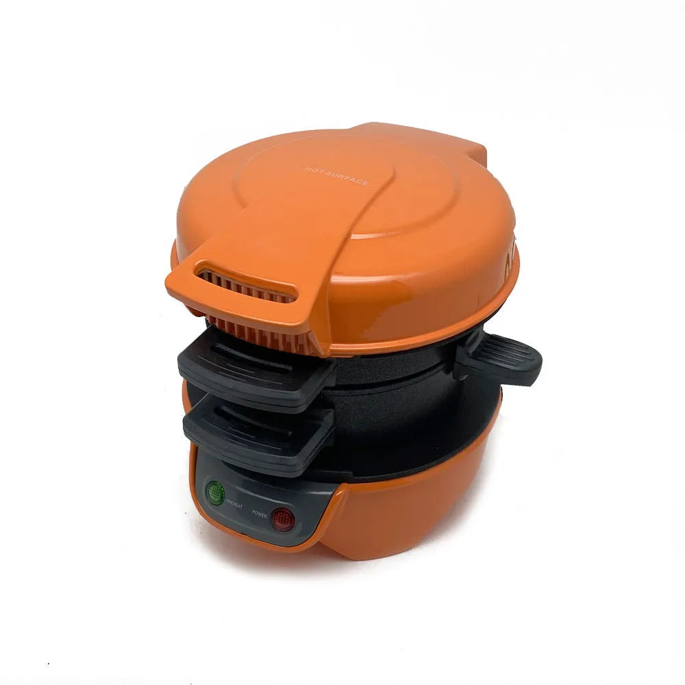 Bright red multifunctional breakfast machine with sandwich plates, waffle grid, and egg cooker ring on a kitchen counter.