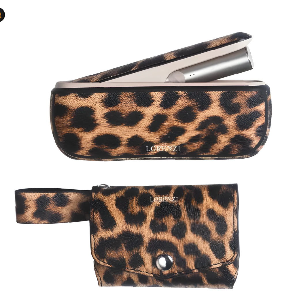 Light luxury PU leather storage organiser bag in leopard print and yellow colours with a zip closure.