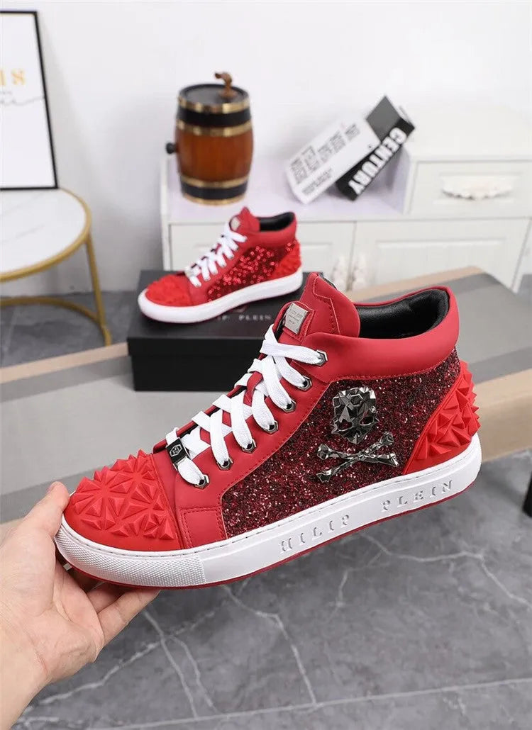 Men's black genuine leather high top skeleton shoes with red accents and a lace-up front