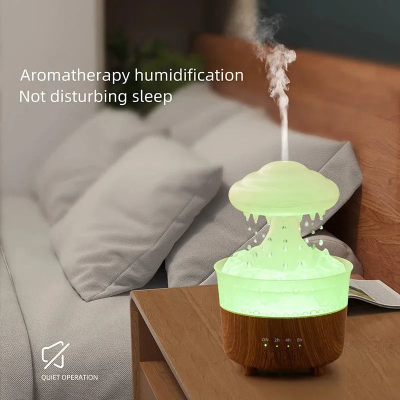 Wood grain white rain cloud shaped ultrasonic humidifier and essential oil diffuser with LED night lights.