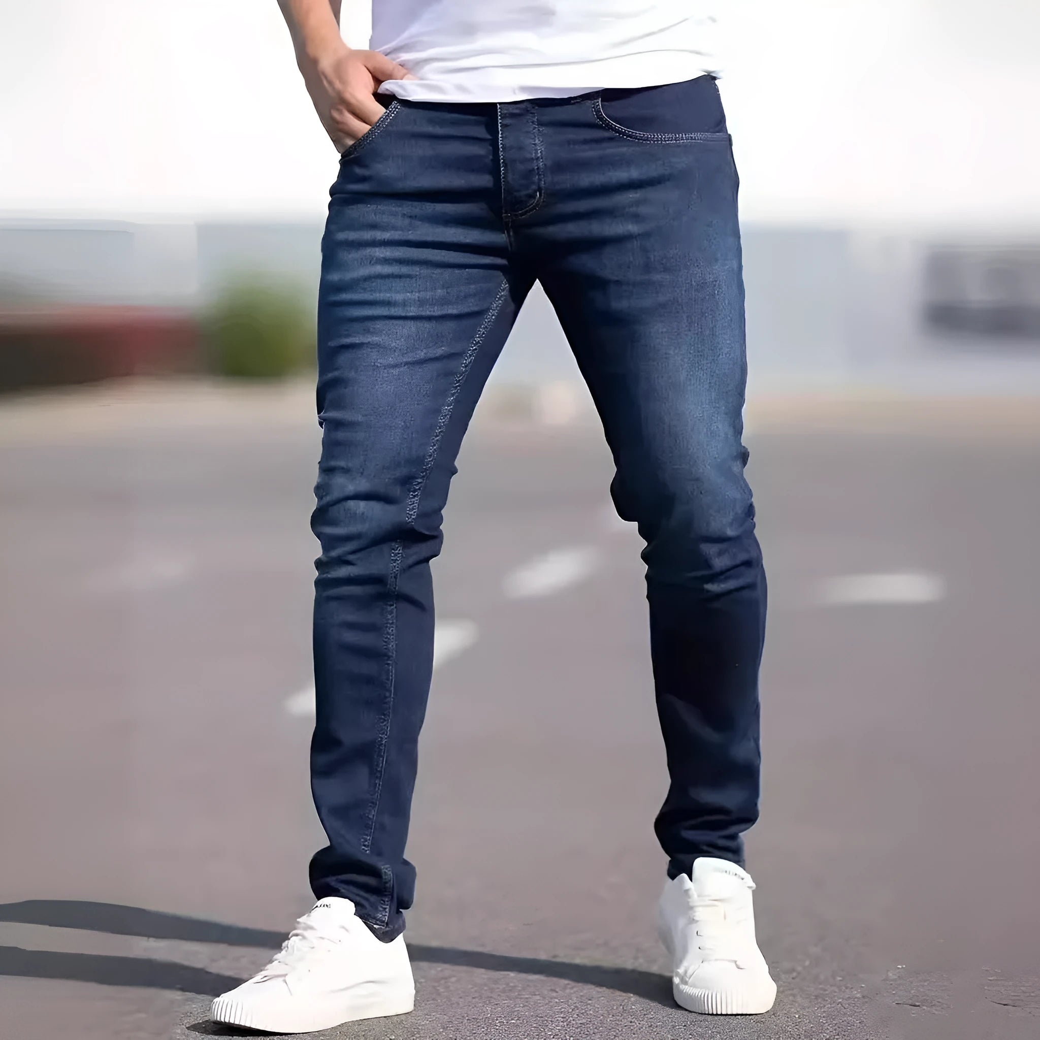 Men's dark blue slim casual jeans with medium elastic waist and skinny leg style