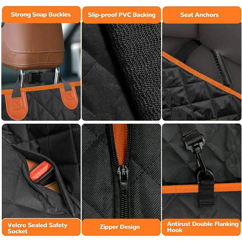 Black waterproof dog car seat cover with orange edge, shown as a hammock on a rear car seat