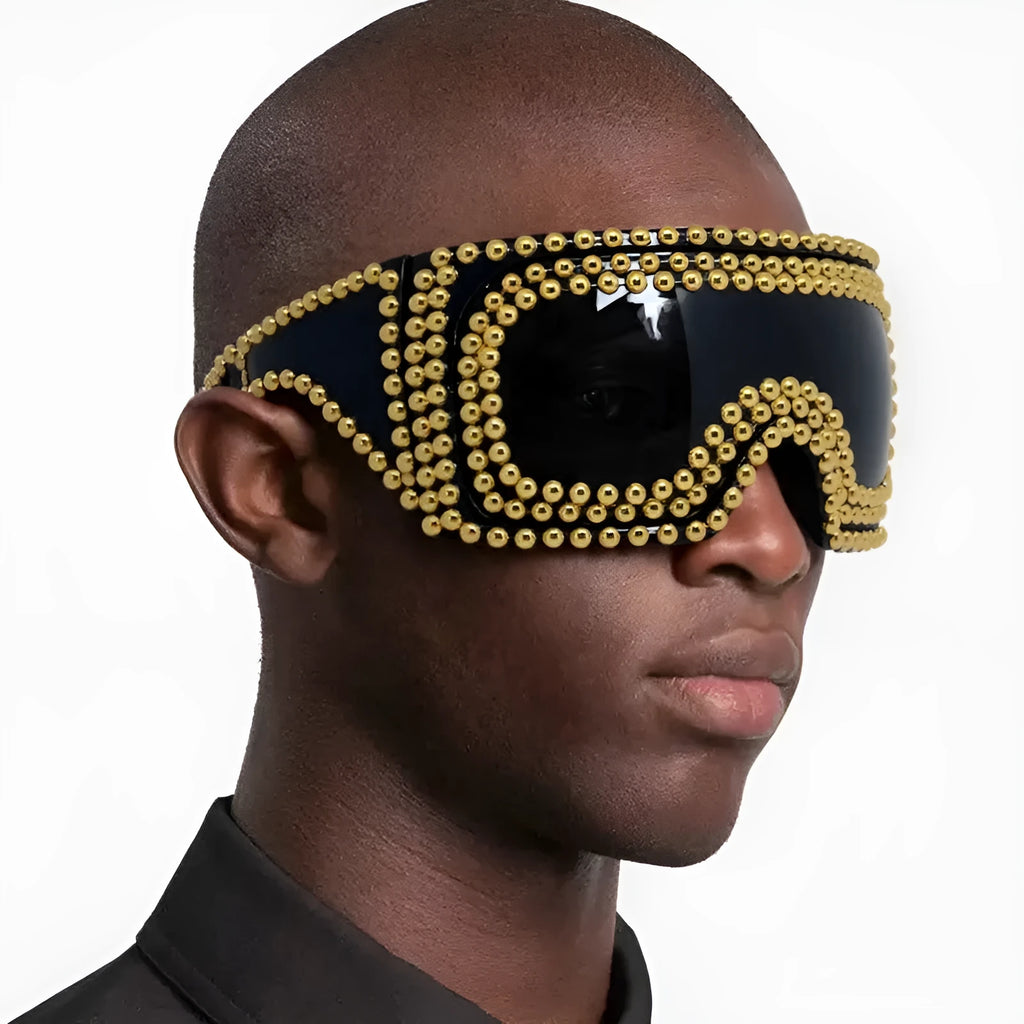 Men's punk style sunglasses with super large square rim and rivet details in gold colour