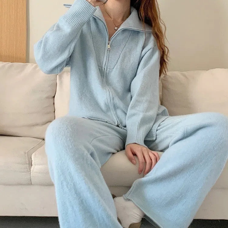 Women's solid colour polyester two-piece set featuring a knitted zipper cardigan and wide leg trousers.