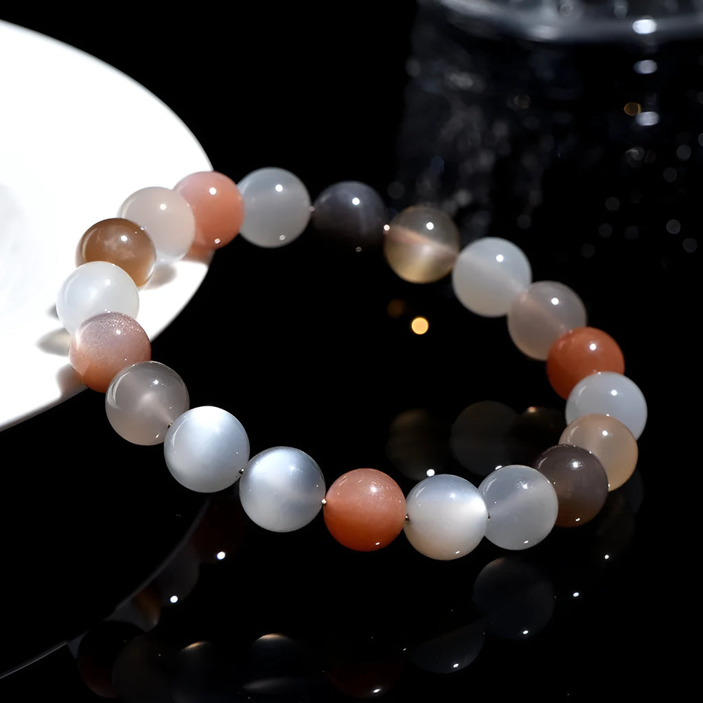 Natural moonstone bracelet with 8mm beads in colourful moon light colour variation