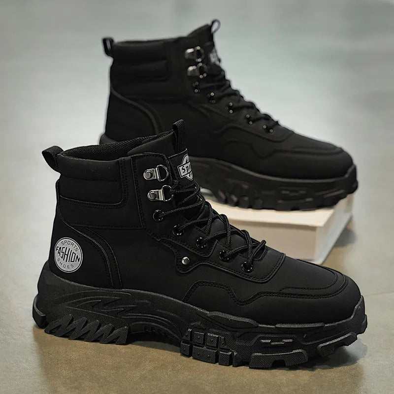 Men's black and yellow mid-calf Martin boots with an artificial PU upper and stout heel.