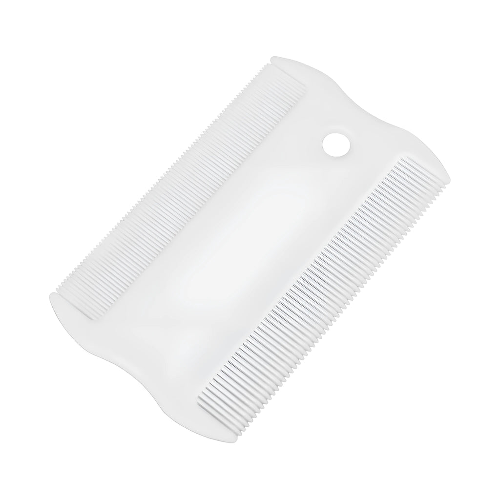 A small white plastic double-sided flea comb with dense teeth for dogs and cats.
