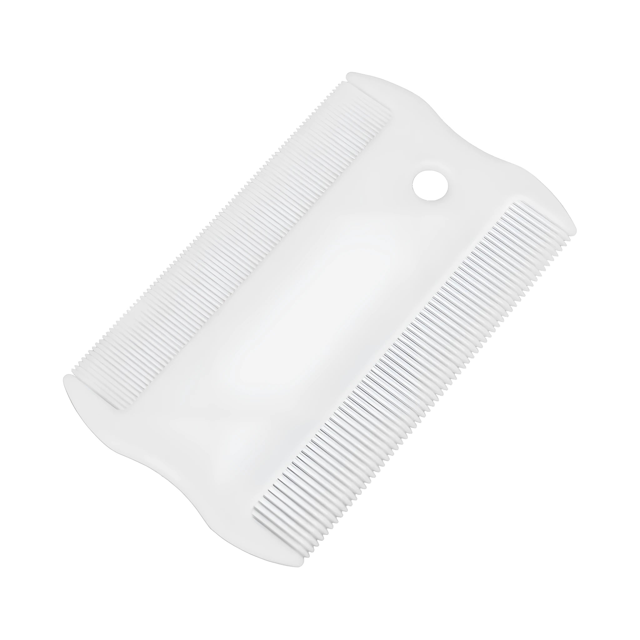 A small white plastic double-sided flea comb with dense teeth for dogs and cats.