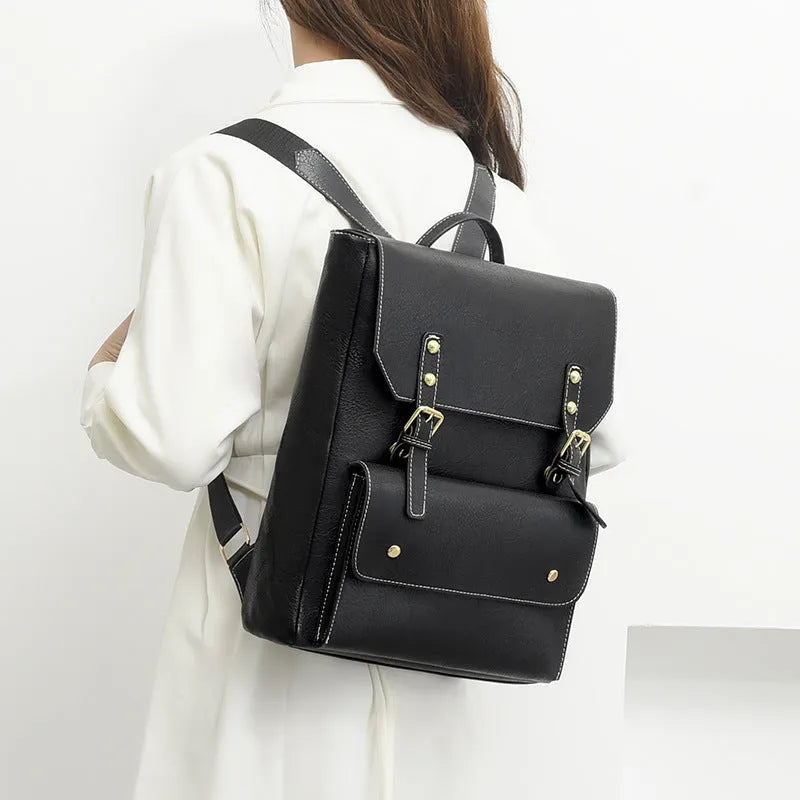 Korean style retro backpack in soft PU material shown in a dark brown colour.