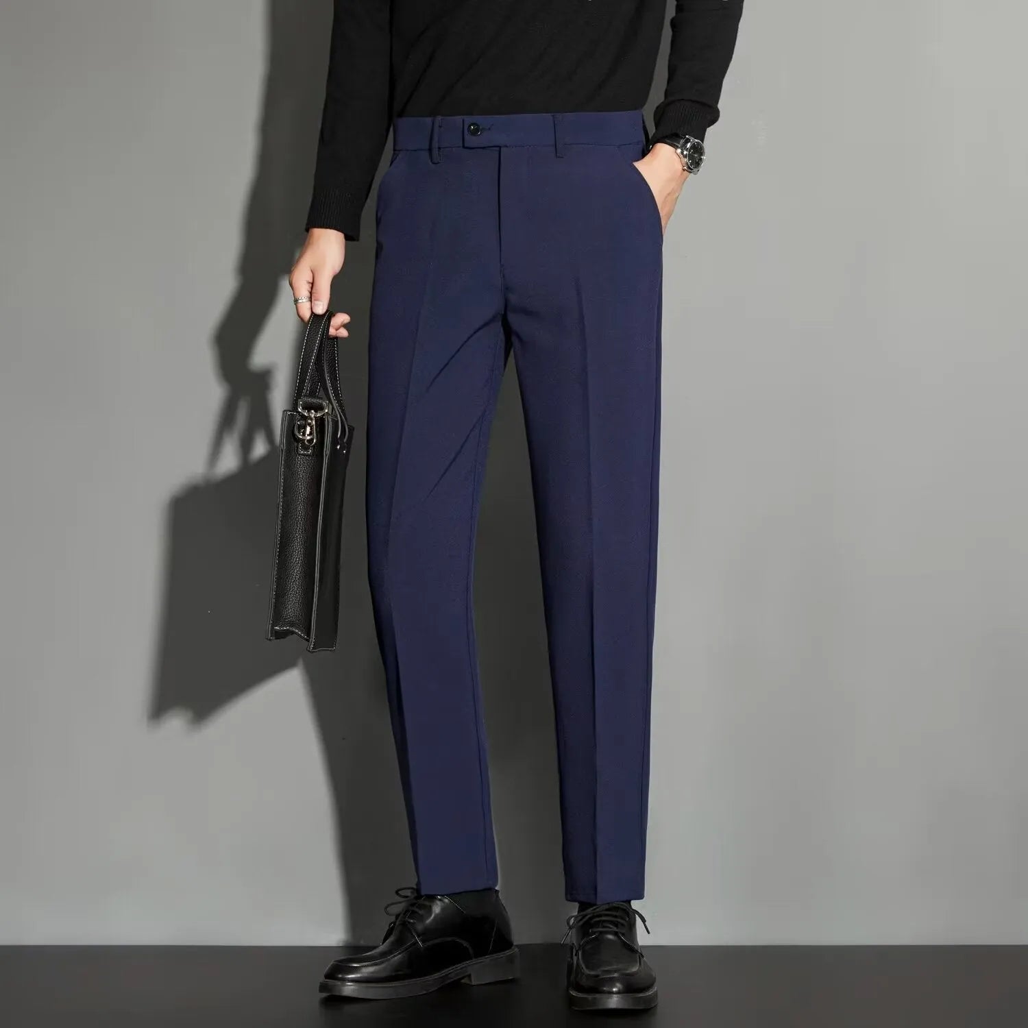 Men's straight ankle-length suit trousers with spring draping effect in chemical fibre blend fabric
