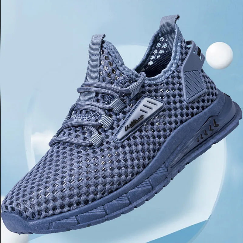 Men's beige mesh-lined casual sneakers with synthetic leather upper and white EVA sole.