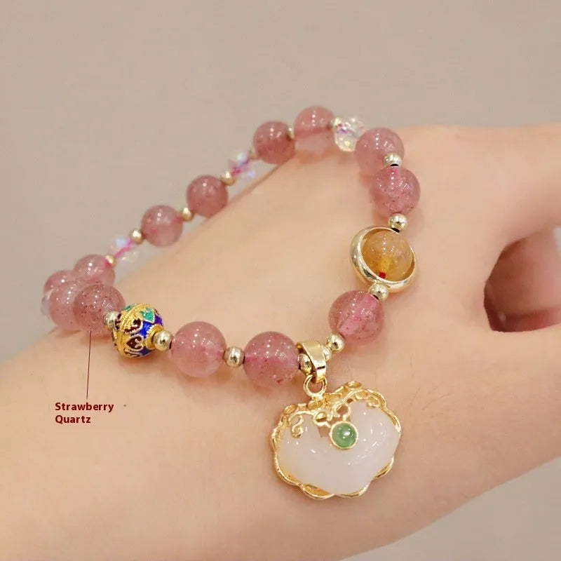 Geometric ethnic style jade bracelet with three-dimensional metal decorations in grey jade or strawberry quartz