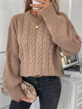 Women's khaki loose pullover sweater with round neck and twist detail on solid colour fabric