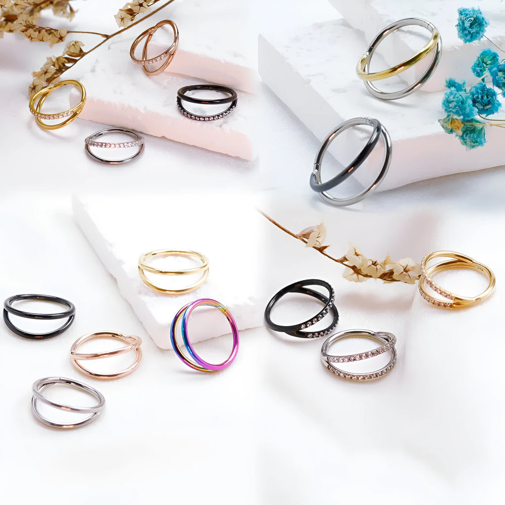 F136 titanium alloy fork nose ring body jewellery in silver, gold, black, and rose gold colours.