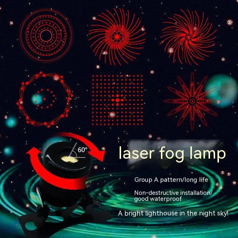 Compact aluminium laser fog lamp with red lens and adjustable bracket for car or motorcycle.
