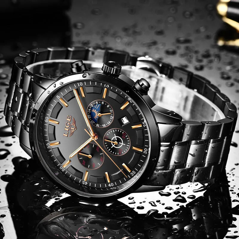 Men's waterproof quartz sports business watch in black colour options with 12mm thickness