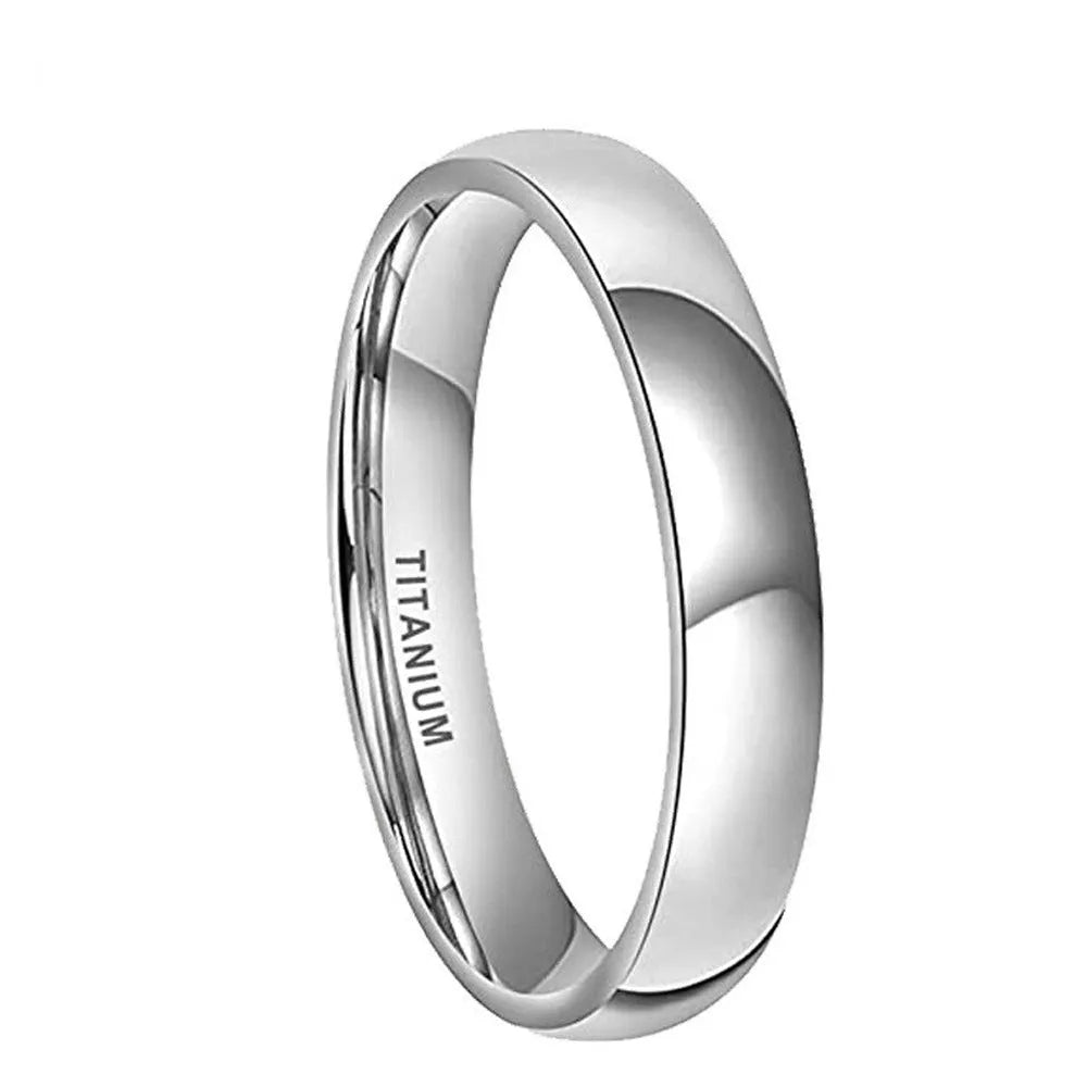 Silver-coloured titanium steel ring shown in minimalist style with unisex sizing.