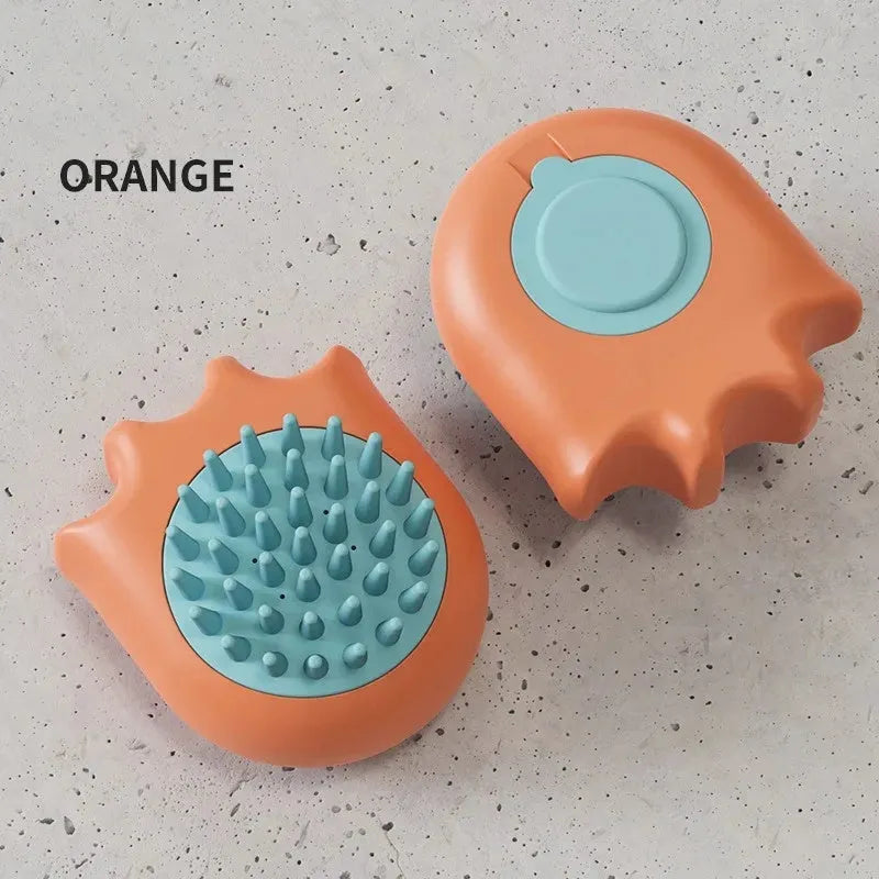 Pet bath brush with shampoo compartment in blue, orange or yellow colours