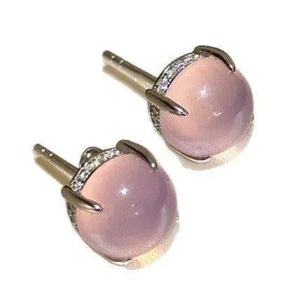 Chinese style chalcedony earrings with four claw copper setting and round egg surface stone