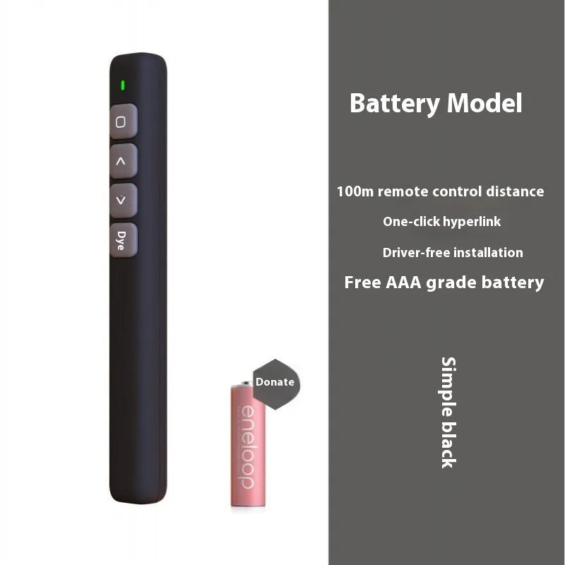 A black, white, or pink remote control pen for presentations with a laser pointer and digital annotation functions.