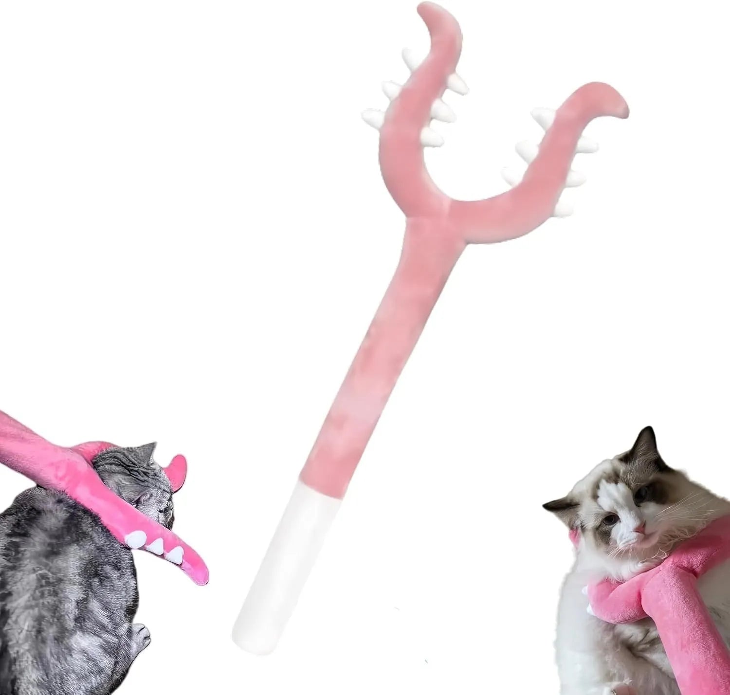 Blue and pink plush cat wand toy measuring 70cm length for interactive pet play