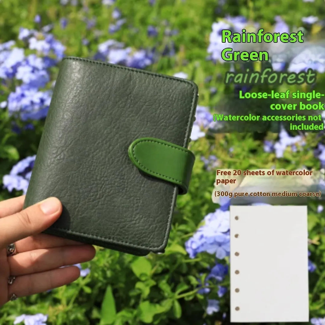 A7 loose-leaf watercolour notebook in avocado green, hazelnut brown, mango pudding, mocha coffee or rainforest green.