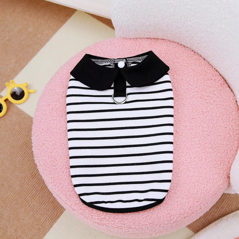 Pet wearing a striped cotton t-shirt and matching skirt summer outfit set