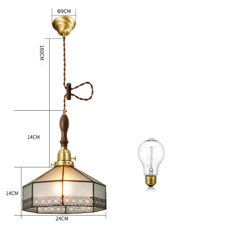 Japanese retro brass and glass chandelier with hand-blown shades, walnut wood accents, and hemp rope light line