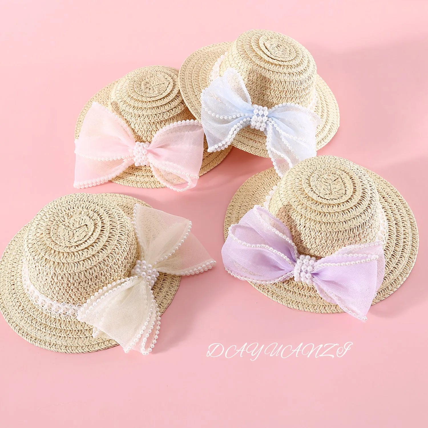 Princess-style cat hat with decorative pearl butterfly bow, woven from Lafite leaves.