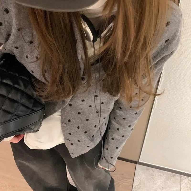 Women's grey dot crochet knitted cardigan with long sleeves and loose fit