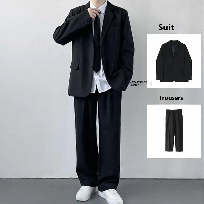 Plus size men's college style suit jacket set with trousers, white shirt and tie on hanger