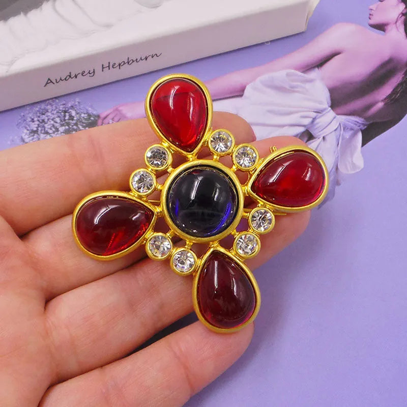 Vintage medieval baroque cross brooch with crystal accents in zinc alloy