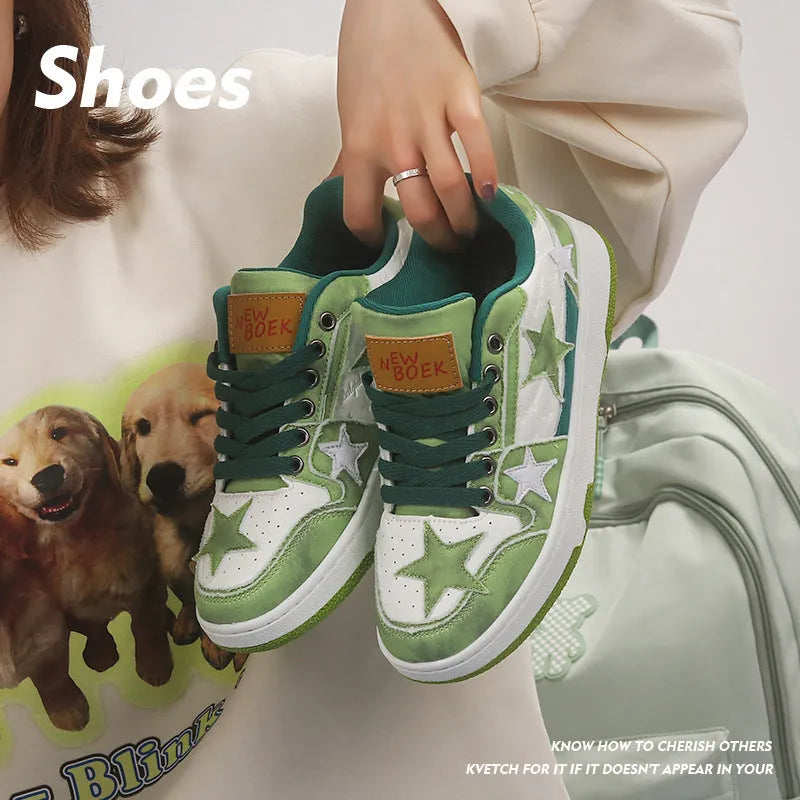 Denim unisex skateboard shoes with mesh lining and rubber sole in black, green, pink.