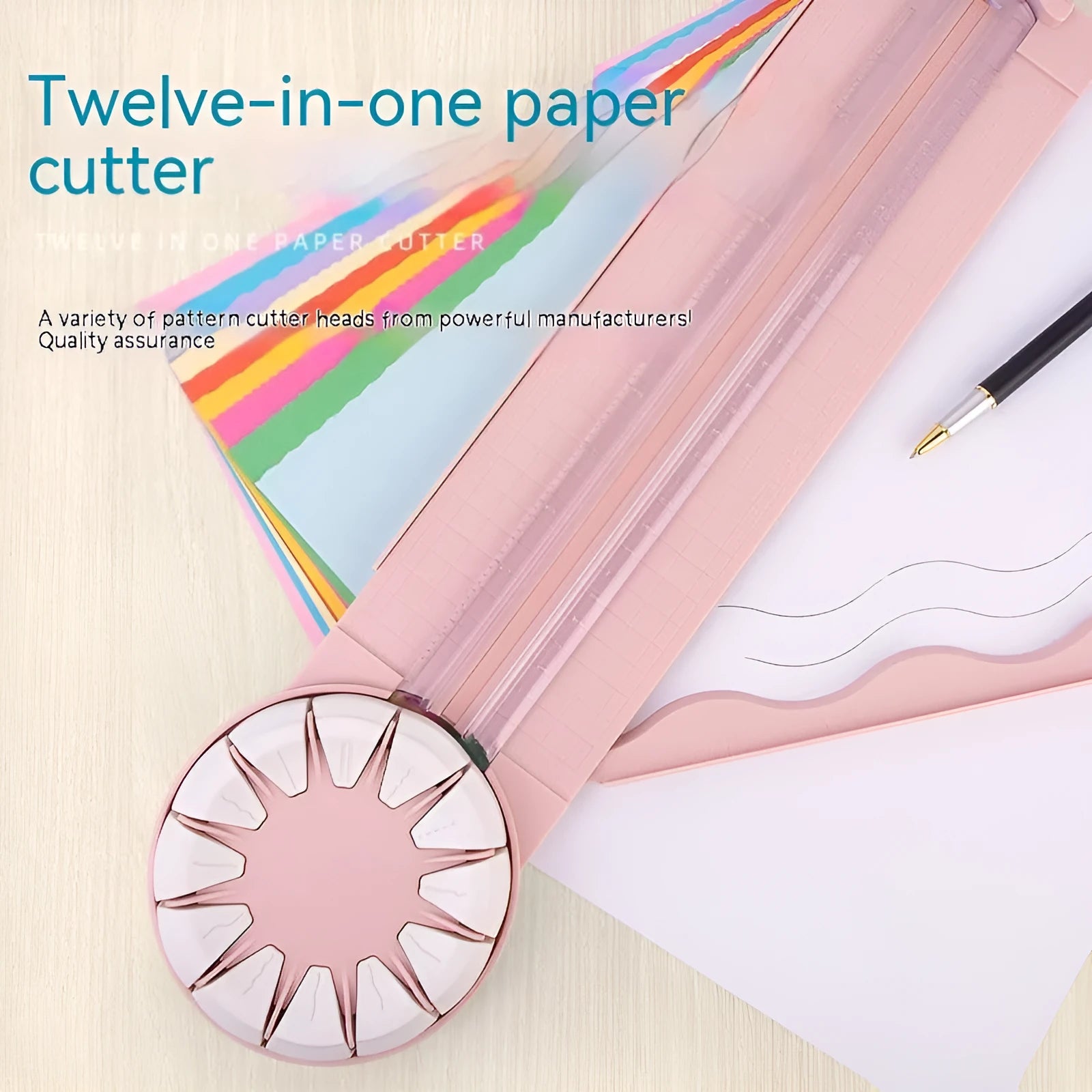 Plastic 12-in-1 paper cutter machine with dotted guide lines in pink colour on white background